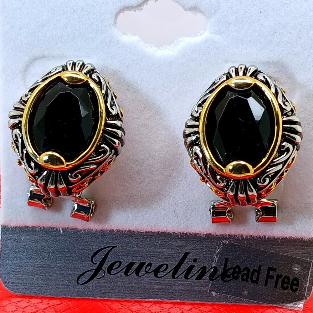 Vintage 90s Jeweline Two Tone Dark Red Oval Stone Ornate Filigree Omega Earrings